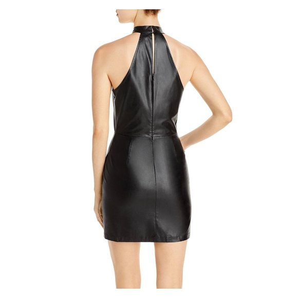 AQUA Faux Leather Halter Sleeveless Mini Dress Black NWT - Picture 3 of 3